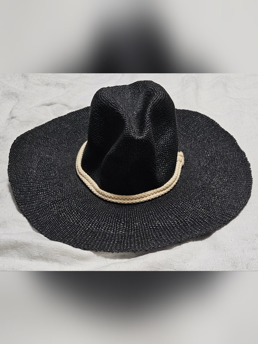 Free People Black Straw Paper Woven Sun Hat Wide Brim Rope Accent Beach One Size